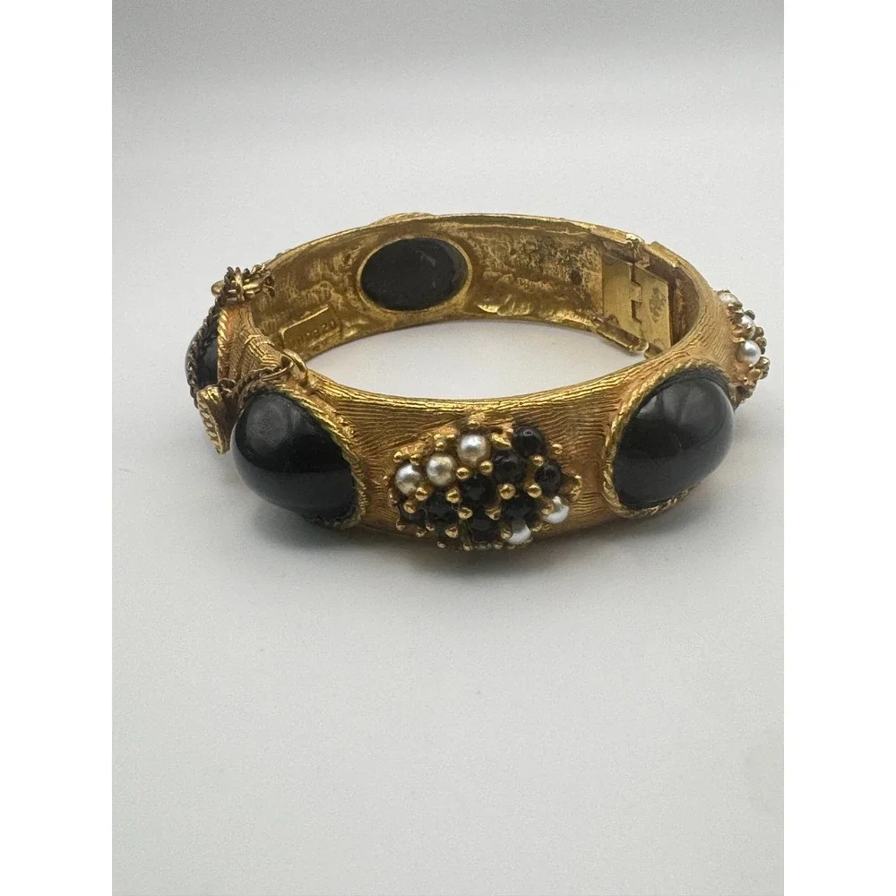 Vintage Original by Robert Bracelet Gold Tone Black Cabochon Clamper Cuff
